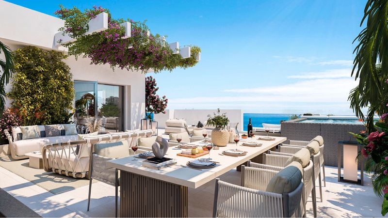 Wohnungen mit großen Terrassen und Meerblick zwischen Golfplatz und Strand